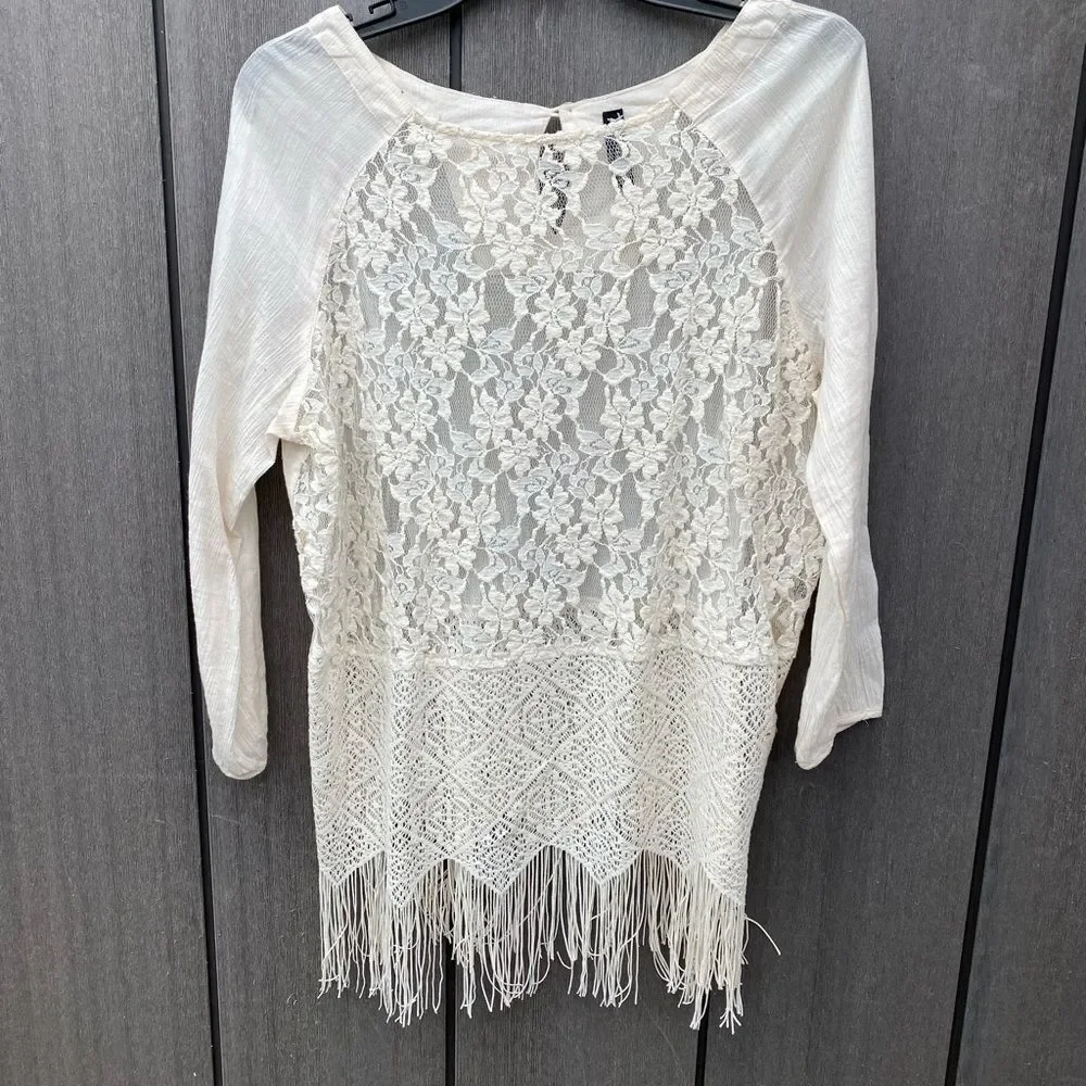 Free People Sheer Lace‎ Top With Fringe